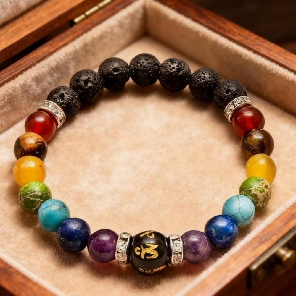 Colorful Natural Stone Anxiety Relief Bracelets Volcanic Stone Double Rainbow